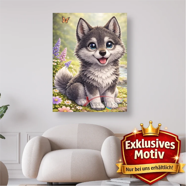 🐺 Kawaii Diamond Painting Set „Süßer Wolf mit Schmetterling“ – Niedliches DIY Motiv
