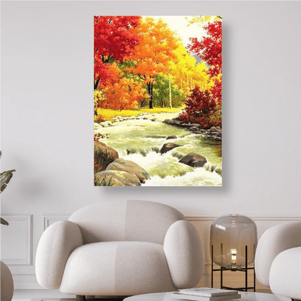 Wunderschön Bunt gefärbte Bäume mit Fluss - Diamond Painting - Kreativsein.shop