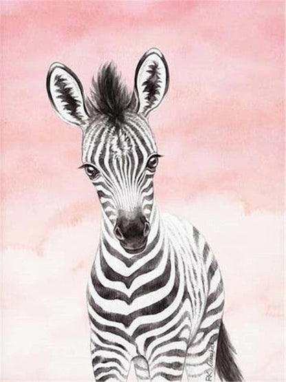 Das perfekte Motiv für ein Kinderzimmer als Diamant Malerei ein Zebra mit rosa Hintergrund
