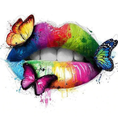Magische Lippen in Regenbogenfarben mit bunten Schmetterlingen als 5D Do it Yourelf Diamant Malerei mit Strass Steinen