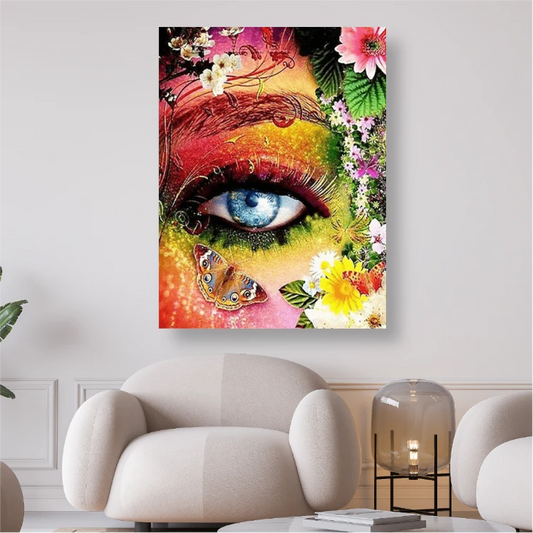 Auge im buntem Gesicht mit Schmetterlingen und Blumen - Diamond Painting kreativ sein shop