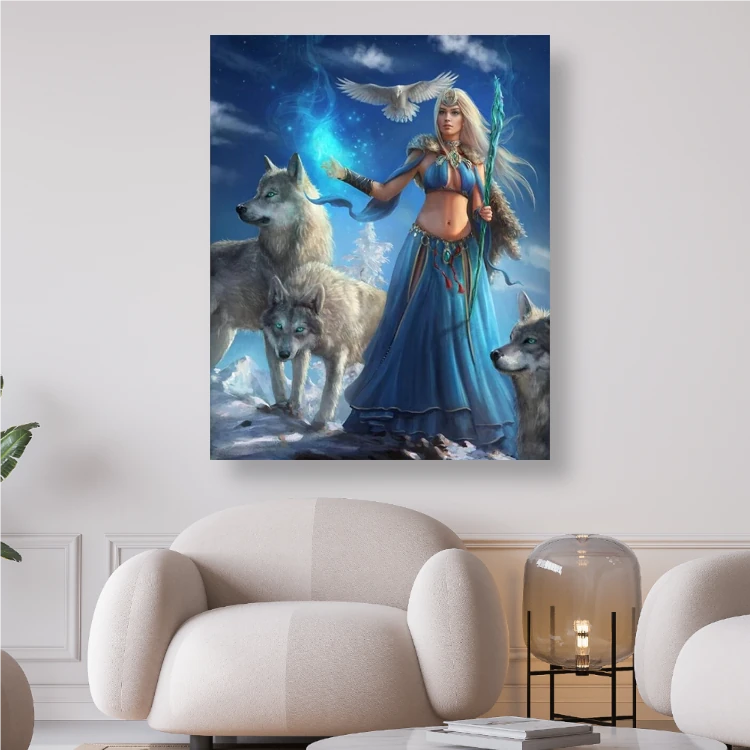 Elfe mit blauem Kleid und Wölfen - Diamond Painting kreativsein shop