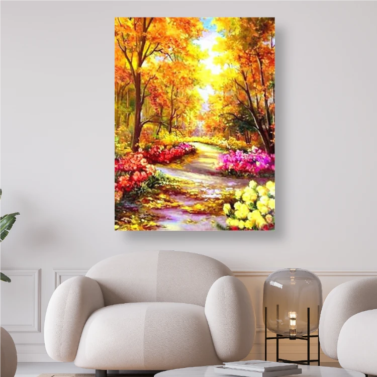 Herbstlandschaft mit bunten Bäumen und Blumen - Diamond Painting Kreativsein.shop