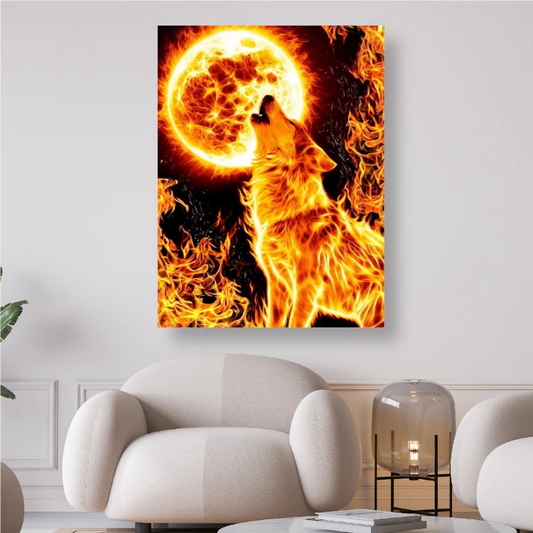 Heulender Wolf mit Mond in Feuer und Flammen - Diamond Painting Kreativsein shop