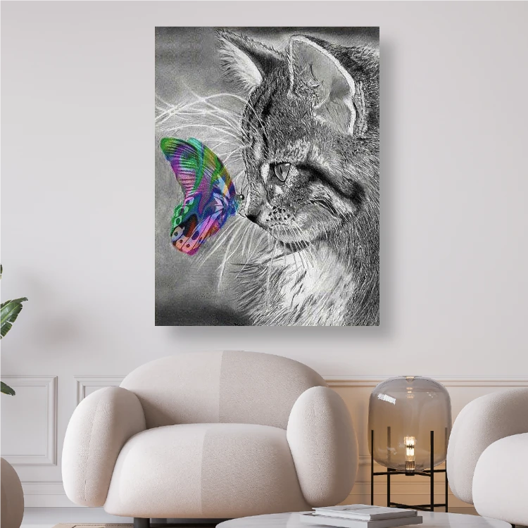 Katze mit bunten Schmetterling - Diamond Painting Kreativsein.shop