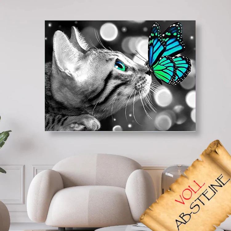 Katze mit Schmetterling auf der Nase - Voll AB Diamond Painting Kreativsein.shop