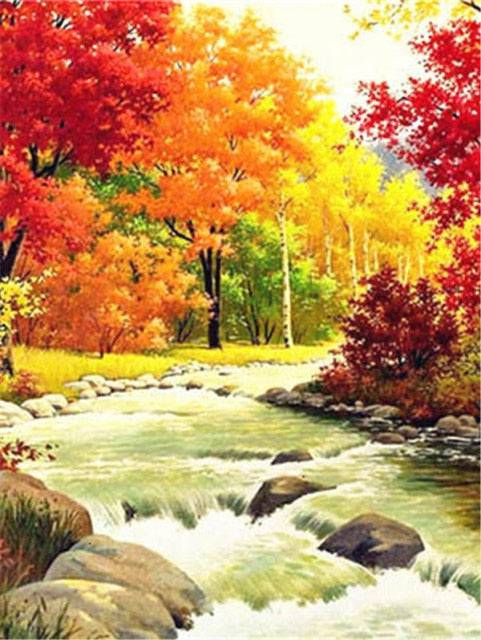 Wunderschön Bunt gefärbte Bäume mit Fluss | Diamond Painting - Kreativsein.shop
