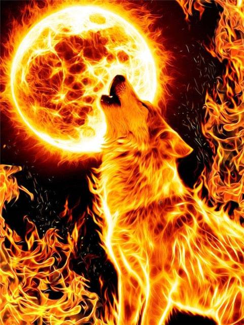 Heulender Wolf mit Mond in Feuer und Flammen | Diamond Painting - Kreativsein.shop