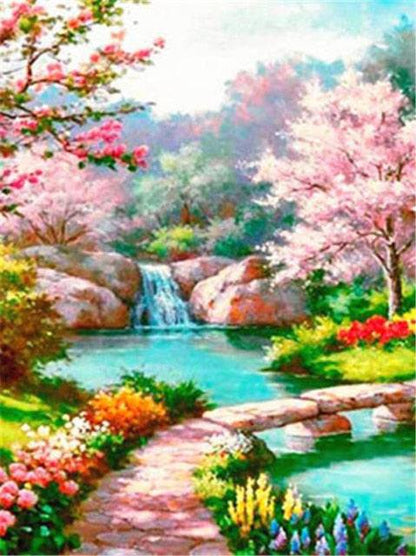 Blütenzauber die Natur erwacht, Fluss mit Wasserfall | Diamond Painting - Kreativsein.shop