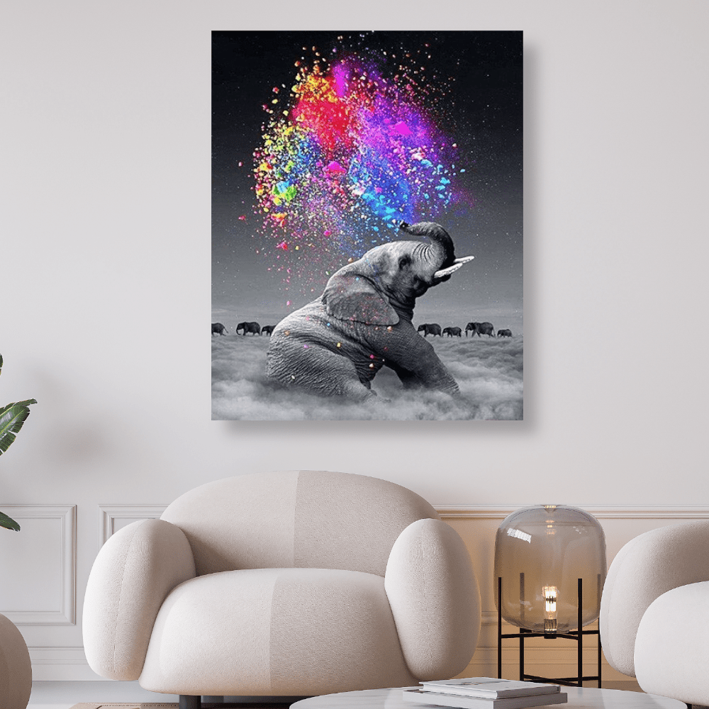 Elefant schwarz weiss mit buntem Farbenspiel | Diamond Painting - Kreativsein.shop