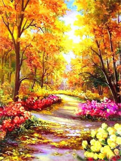 Herbstlandschaft mit bunten Bäumen und Blumen | Diamond Painting - Kreativsein.shop