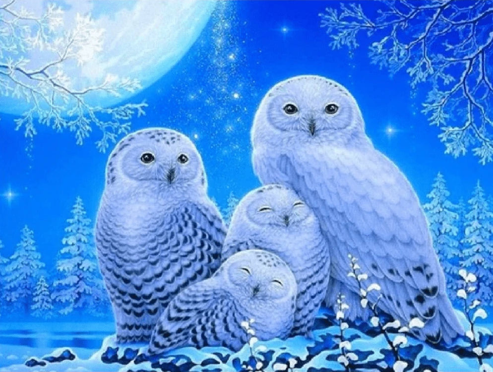 Schneeeulen mit Jungen im Mondlicht - Diamond Painting Kreativsein.shop