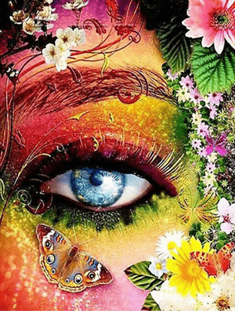 Auge im buntem Gesicht mit Schmetterlingen und Blumen | Diamond Painting - Kreativsein.shop