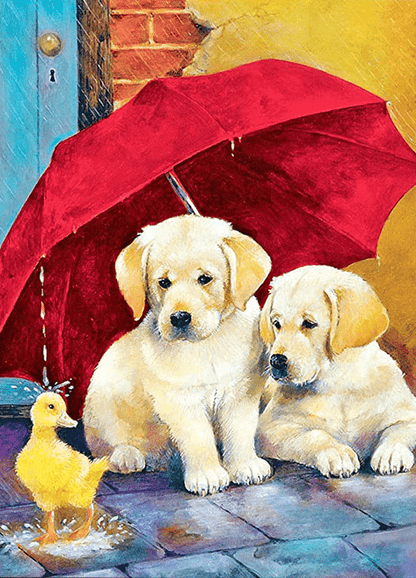 Hundewelpen mit Regenschirm und Entchen | Diamond Painting - Kreativsein.shop