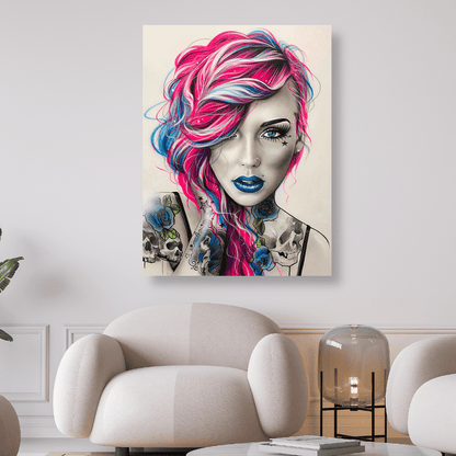Tätowierte Frau mit Pink/Blauen Haaren | Diamond Painting - Kreativsein.shop