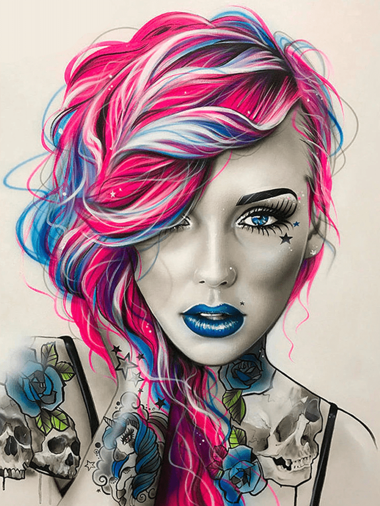 Tätowierte Frau mit Pink/Blauen Haaren | Diamond Painting - Kreativsein.shop