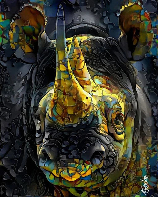 das Nashorn mit dem goldenen Horn als 5D DIY Diamond Painting mit runden und qudratischen Steinchen