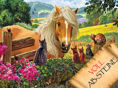 Pferd mit Katzen - Voll AB Diamond Painting