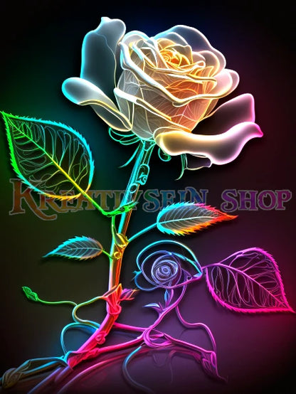 Weisse Rose mit regenbogenfarbigen Stiel - Diamond Painting Kreativsein Shop